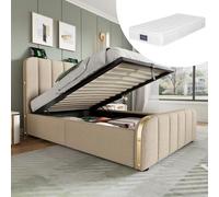 boorbin Letto imbottito, letto singolo, testiera imbottita con strisce decorative dorate e funzione di ricarica USB di tipo C, materiale in lino beige (con materasso, 90 x 200 cm)