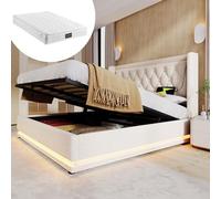 boorbin Letto imbottito matrimoniale, 160 x 200 cm, materiale cotone, letto idraulico, testiera imbottita con funzione di ricarica USB di tipo C, funzione LED a 3 lati (con materasso) (beige)