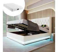 boorbin Letto imbottito matrimoniale, 160 x 200 cm, materiale cotone, letto idraulico, testiera imbottita con funzione di ricarica USB di tipo C, funzione LED a 3 lati (con materasso) (bianco)