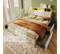 boorbin Letto imbottito matrimoniale con ricarica USB tipo C, funzione di ricarica APP-Control LED, struttura letto in metallo, 140 × 200 cm, telaio del letto e 4 cassetti, velluto (bianco senza
