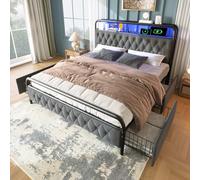 boorbin Letto imbottito matrimoniale con ricarica USB tipo C, funzione di ricarica APP-Control LED, telaio letto in metallo, 180 x 200 cm, telaio del letto e 4 cassetti, velluto, senza materasso