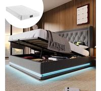 boorbin Letto imbottito matrimoniale, in cotone beige, con materiale idraulico, testiera imbottita con funzione di ricarica USB di tipo C, funzione LED a 3 lati (con materasso) (grigio)