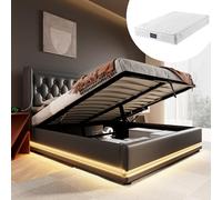 boorbin Letto imbottito matrimoniale, in cotone beige, con materiale idraulico, testiera imbottita con funzione di ricarica USB di tipo C, funzione LED a 3 lati (con materasso) (nero)