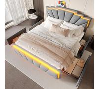 boorbin Letto imbottito moderno, 160 x 200 cm, design elegante con testiera trapezoidale, striscia LED integrata e regolazione in altezza in 2 posizioni, connettore USB Type-C (grigio scuro)