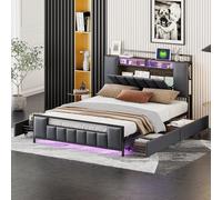 boorbin Letto Imbottito Multifunzione con Luce LED con Presa USB con Cassetto, Struttura Letto in Ferro Massello Ragazzi, Letto Matrimoniale Ecopelle (Grigio, 140 x 200 cm)