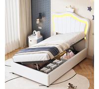 boorbin Letto imbottito per bambini, 90 x 200 cm, design a corona con illuminazione a LED, testiera regolabile in altezza, letto singolo con rete a doghe, in similpelle (bianco)