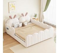boorbin Letto imbottito per divano letto, 140 x 200 cm, letto imbottito con cuscino a forma di coniglio, lettino per bambini, bambini e ragazzi, beige