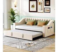 boorbin Letto imbottito per divano letto, 90/180 x 190 cm, braccioli più larghi e spessi con porta di ricarica USB, ripiano integrato nei braccioli, con tasche per i ripiani, con rete a doghe, tessuto