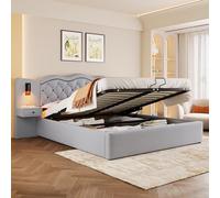 boorbin Letto imbottito, senza materasso, letto imbottito, testiera integrata, meccanismo di sollevamento idraulico, porta USB, due lampade da comodino, grande spazio (grigio, 160 x 200 cm)