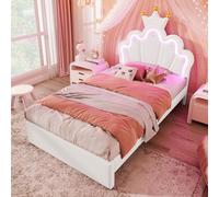 boorbin Letto imbottito senza materasso, luce ambiente telecomandata, letto con 2 cassetti, letto principesse a forma di corona, testiera regolabile, PU (bianco, 90 x 200 cm)