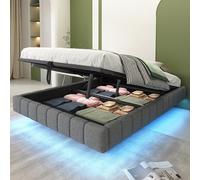 boorbin Letto imbottito, struttura idraulica, con vano portaoggetti, cuscino multifunzionale senza testiera con luce LED, lino (grigio, 140 x 200 cm)