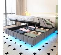 boorbin Letto imbottito, struttura idraulica, con vano portaoggetti, cuscino multifunzionale senza testiera con luce LED, lino (grigio, 160 x 200 cm)