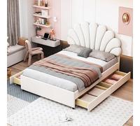 boorbin Letto imbottito, telaio con testiera a forma di fiore e rete a doghe, con ripiani, letto per ragazzi, letto matrimoniale, tessuto di velluto delicato sulla pelle (140 x 200 cm, beige)