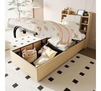 boorbin Letto in legno 90 x 200 cm, letto idraulico, testiera con vano portaoggetti, dotato di presa USB e Tape-C, letto singolo, letto per ragazzi, senza materasso (colore legno)