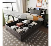 boorbin Letto in legno, dimensioni 140 x 200 cm, letto idraulico, testiera con vano portaoggetti, dotato di porta USB e presa Tape-C, letto matrimoniale, singolo, senza materasso (grigio)