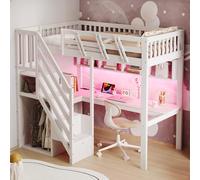 boorbin Letto in legno massello 90 x 200 cm, scala con armadietto, con una scrivania, con presa USB e letto a LED, letto per bambini, letto singolo, telaio in legno massiccio (90 x 200 cm)