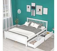 boorbin Letto in legno, matrimoniale, letto per ragazzi, letto per adulti, con cassetti per la conservazione, telaio in legno di pino, bianco (140 x 200 cm)