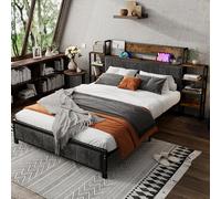 boorbin Letto in metallo, testiera con ripiano, 3 porte USB, spugna di velluto scuro, per adulti e adulti, telaio in metallo, piano, metallo+MDF+Velvet, nero + noce, 140 x 200 cm