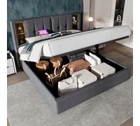 boorbin Letto matrimoniale con ricarica wireless USB C, letto imbottito, 160 x 200 cm, struttura del letto con spazio di archiviazione, rete a doghe in legno e lino (grigio)