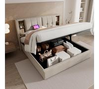 boorbin Letto matrimoniale con ricarica wireless USB C, letto imbottito, 160 x 200 cm, struttura del letto con spazio di archiviazione, rete a doghe in legno e lino (naturale)