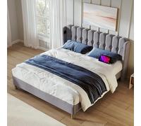 boorbin Letto matrimoniale imbottito con funzione di ricarica USB tipo C, struttura del letto con rete a doghe, letto imbottito in grigio, telaio per camera da letto, camera degli ospiti, materiale di