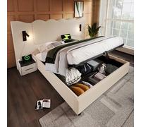 boorbin Letto matrimoniale imbottito con lampada da lettura e funzione di ricarica USB Type-C, struttura del letto con rete a doghe in legno massello e metallo, tessuto a coste (beige-bianco-senza