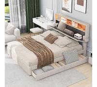 boorbin Letto matrimoniale imbottito, testiera con ricarica USB e illuminazione a LED, letto funzionale con due cassetti, testiera regolabile, 140 x 200 cm (beige, 208,5 x 140 x 105 cm)