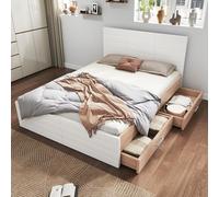 boorbin Letto matrimoniale in legno con 2 cassetti, letto moderno con struttura del letto e rete a doghe in rovere/bianco (senza materasso) (140 x 200 cm)