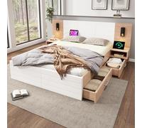 boorbin Letto matrimoniale in legno con 2 cassetti, testiera, luce da lettura con funzione di ricarica USB, letto moderno con 2 comodini, struttura del letto e rete a doghe in rovere/bianco (160 x 200