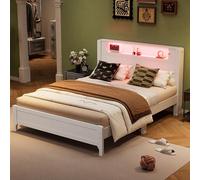 boorbin Letto matrimoniale, Mensola aperta, con strisce di luce ambientale, piano, letti in legno, crescenti e adulti, cornice in pino+MDF, bianco, 140 x 200 cm (218 x 148,5 x 110 cm)
