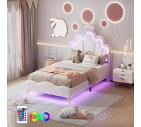 boorbin Letto matrimoniale piatto, 90 x 200 cm, a forma di corona, imbottitura morbida in pelle PU, striscia di luce ambientale a LED regolabile (bianco)