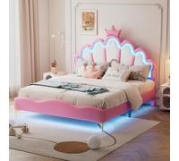 boorbin Letto matrimoniale piatto, letto principessa, morbida imbottitura in pelle PU, striscia di luce ambientale LED regolabile (rosa)