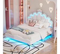 boorbin Letto matrimoniale piatto, letto principessa, morbida imbottitura in pelle PU, striscia di luce ambientale a LED regolabile (bianco)