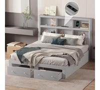 boorbin Letto matrimoniale, truciolato, letto a piattaforma king-size con due cassetti all'estremità del letto, testiera con vano portaoggetti (grigio, 160 x 200 cm)