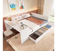 boorbin Letto piano in legno, 140 x 200 cm, con scrivania, dotato di 2 cassetti, letto matrimoniale (senza materasso), con ripiani, pino + truciolato, bianco