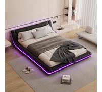 boorbin Letto piano, letto a pavimento, PU, luce ambientale a LED, telecomando a 24 tasti (nero, 140 x 200 cm)