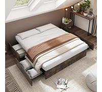 boorbin Letto piano, letto in metallo, 140 x 200 cm, letto in ferro, senza materasso, quattro cassetti, senza testata, marrone scuro