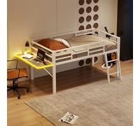 boorbin Letto piano, letto in metallo, senza materasso, ringhiera, scala, scrivania, striscia luminosa a LED telecomandata (bianco, 90 x 200 cm)