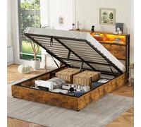 boorbin Letto piano, meccanismo di sollevamento idraulico, illuminazione ambientale a LED che cambia colore, telecomando a 24 tasti, grande spazio nella cassetta del letto, marrone (140 x 200 cm)