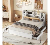 boorbin Letto piano, testiera parzialmente apribile, quattro cassetti, scomparti multipli (bianco, 180 x 200 cm)