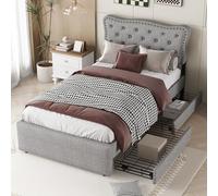 boorbin Letto piatto 90 x 200 cm, letto imbottito, cuscino comodino con borchie decorative, cassetti doppi (grigio)