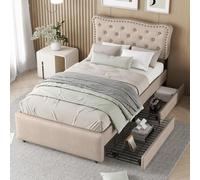 boorbin Letto piatto 90 x 200 cm, letto imbottito, cuscino comodino con borchie decorative, doppi cassetti, beige scuro