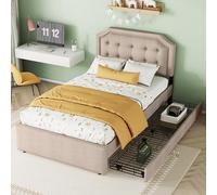 boorbin Letto piatto 90 x 200 cm, letto imbottito, cuscino comodino con borchie decorative, doppi cassetti, beige scuro