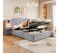 boorbin Letto piatto, letto imbottito, testiera integrata, meccanismo di sollevamento idraulico, porta USB, due lampade da comodino, ampio spazio di archiviazione (grigio, 180 x 200 cm)