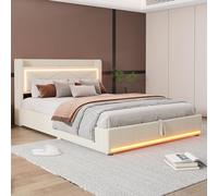 boorbin Letto piatto, luce ambientale alla fine del letto, applicazione regolabile, letto può essere sollevato e abbassato, porta USB alla testa del letto, ampio spazio di archiviazione (beige, 140 x