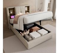 boorbin Letto singolo con ricarica wireless USB C, letto imbottito, telaio del letto con spazio di archiviazione, rete a doghe in legno di lino (senza materasso) (naturale, 90 x 200 cm)