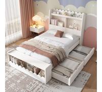 boorbin Letto singolo per bambini, con cassetti, ripiano e panchina, con vano portaoggetti, struttura e rete a doghe in legno, bianco con rovere (90 x 190 cm)