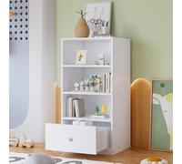 boorbin Libreria, scaffale con tre ripiani e un cassetto, scorrevole silenzioso, camera da letto, soggiorno, MDF, bianco