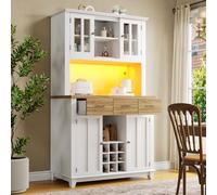 boorbin Mobile alto da cucina con lavoro, armadietto a buffet con 6 ripiani e illuminazione a LED, effetto legno, per cucina, soggiorno, sala da pranzo (legno + bianco)