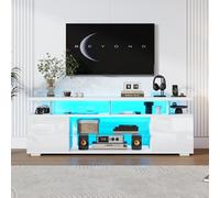 boorbin Mobile TV bianco lucido con illuminazione a LED e spazio di archiviazione, pannello basso bianco, può ospitare TV da 80 pollici, mobile TV con porta armadio pieghevole (150 x 40 x 53 cm)